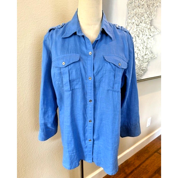 Chaps Classic 100% Linen BLUE Button Down Shirt Women LARGE Roll Tab 3/4 Sleeve - Picture 1 of 7